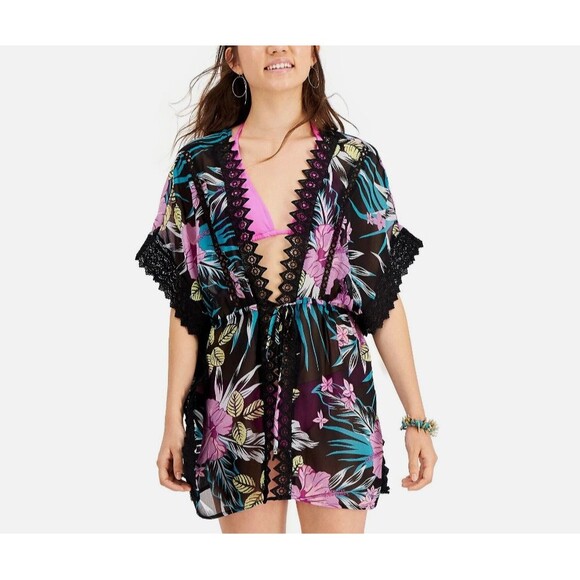 Miken Swim Kimono Cover Up Women's Med Black Floral Lace-Inset Tie-Front Sheer - Picture 1 of 16